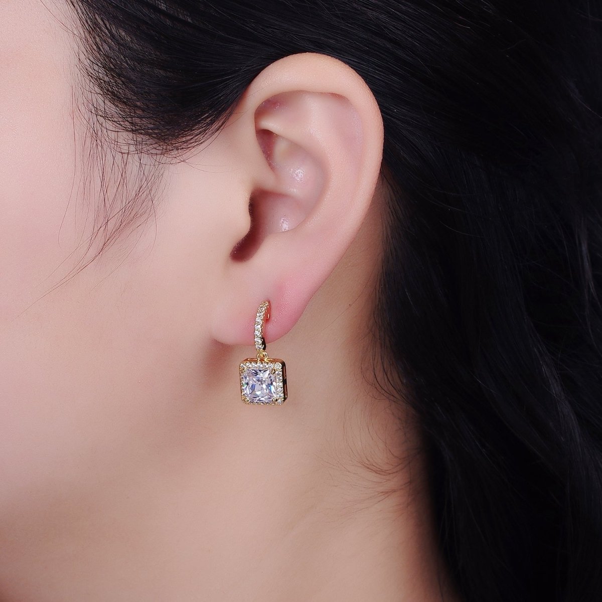 16K Gold plated Clear Square CZ C-Shaped Hoop Earrings in Gold & Silver | AD1257 AD1258