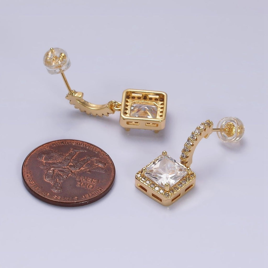 16K Gold plated Clear Square CZ C-Shaped Hoop Earrings in Gold & Silver | AD1257 AD1258