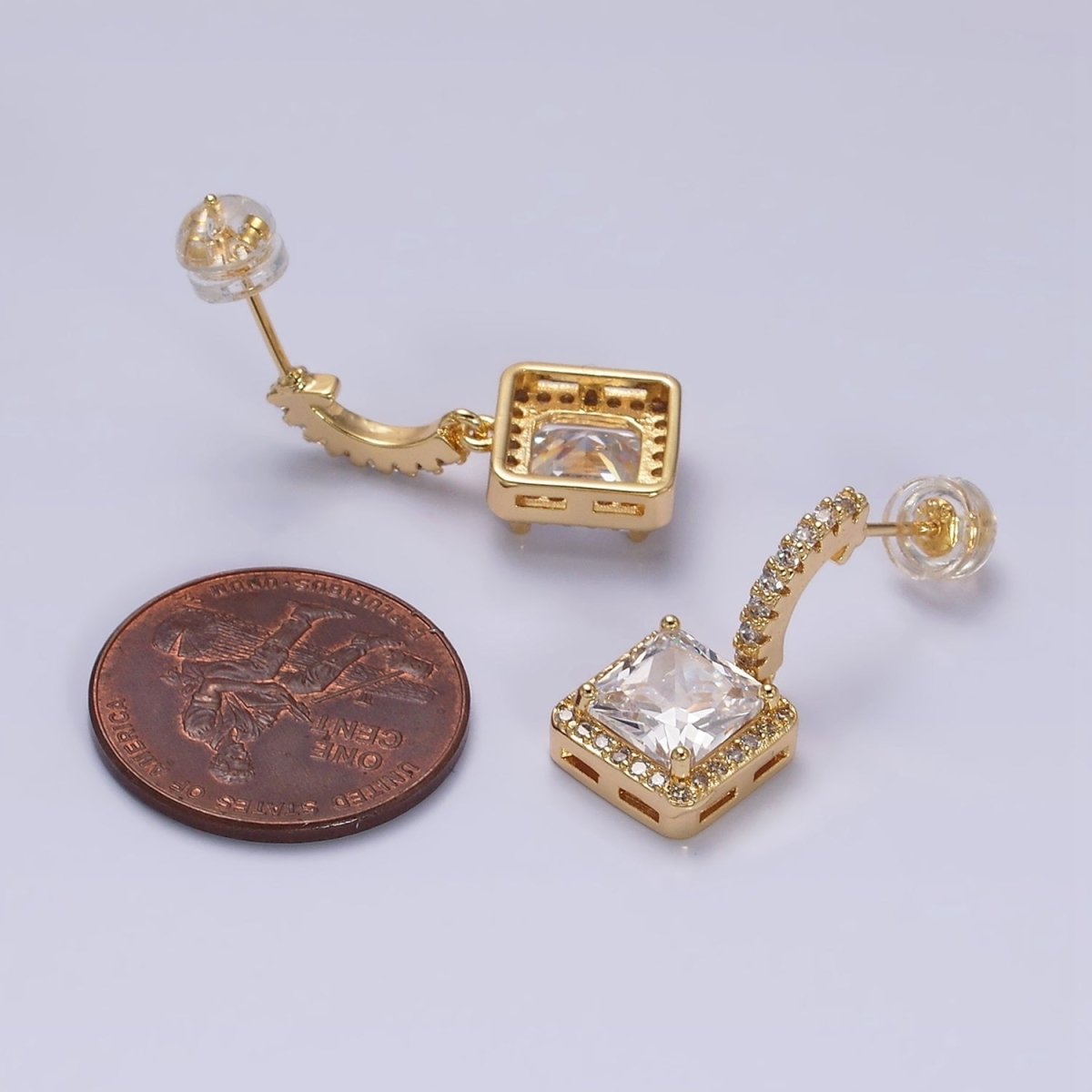 16K Gold plated Clear Square CZ C-Shaped Hoop Earrings in Gold & Silver | AD1257 AD1258