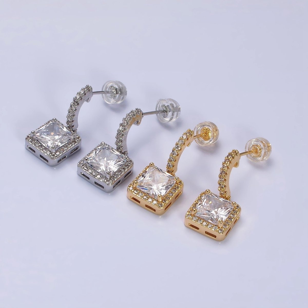 16K Gold plated Clear Square CZ C-Shaped Hoop Earrings in Gold & Silver | AD1257 AD1258