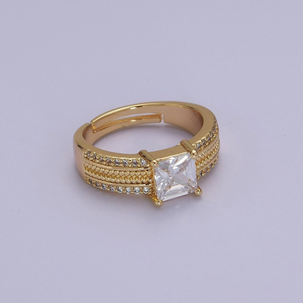16K Gold plated Clear Square CZ Curb Textured Band Ring in Gold & Silver O-1918 O-1919 - DLUXCA