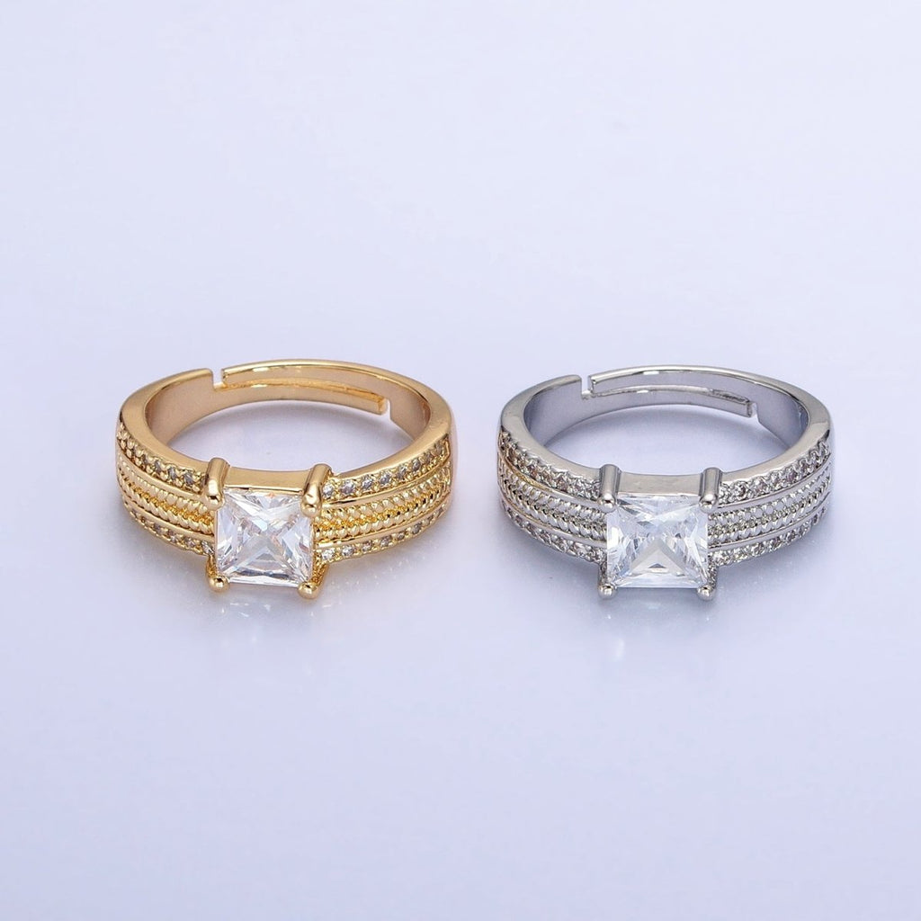 16K Gold plated Clear Square CZ Curb Textured Band Ring in Gold & Silver O-1918 O-1919 - DLUXCA