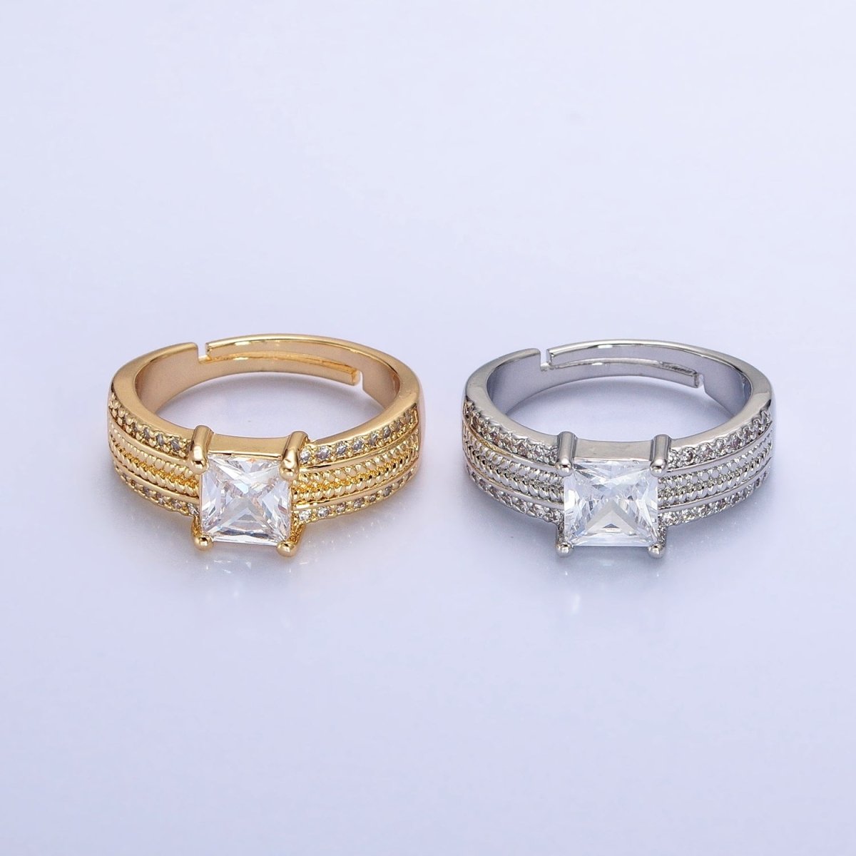 16K Gold plated Clear Square CZ Curb Textured Band Ring in Gold & Silver O-1918 O-1919 - DLUXCA