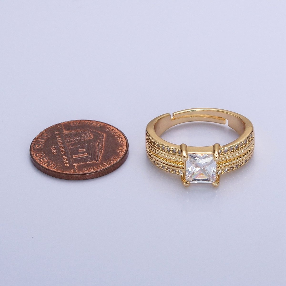 16K Gold plated Clear Square CZ Curb Textured Band Ring in Gold & Silver O-1918 O-1919 - DLUXCA