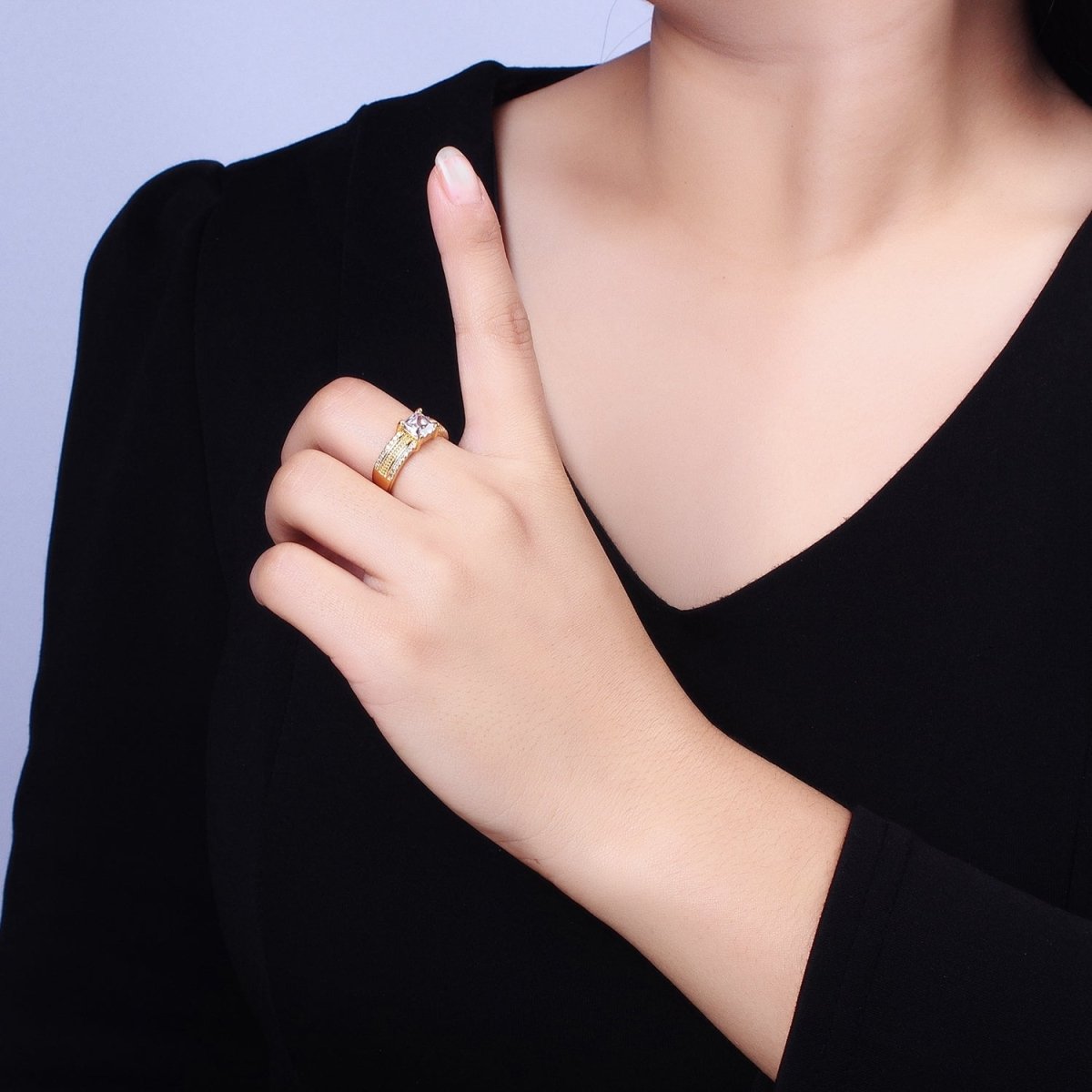 16K Gold plated Clear Square CZ Curb Textured Band Ring in Gold & Silver O-1918 O-1919 - DLUXCA