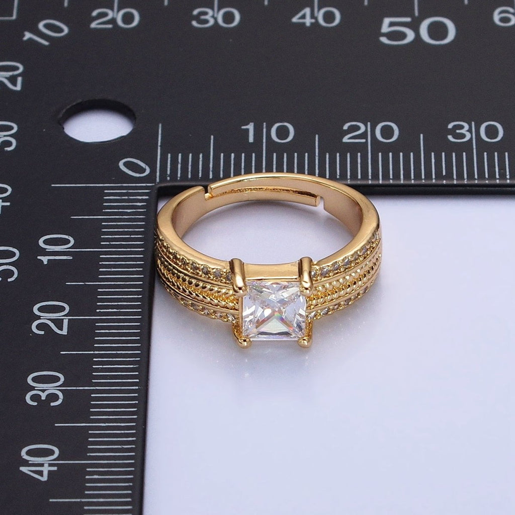16K Gold plated Clear Square CZ Curb Textured Band Ring in Gold & Silver O-1918 O-1919 - DLUXCA