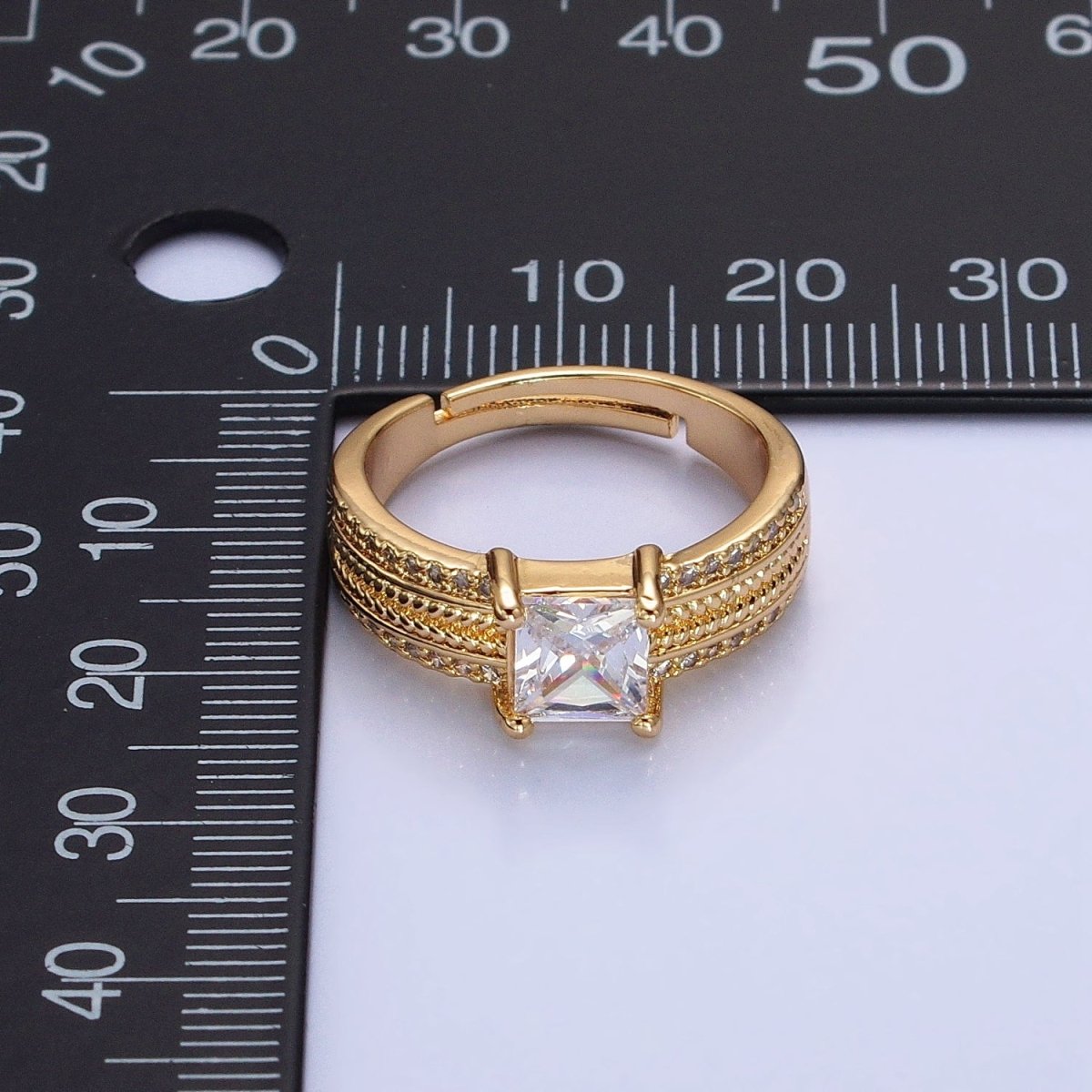 16K Gold plated Clear Square CZ Curb Textured Band Ring in Gold & Silver O-1918 O-1919 - DLUXCA