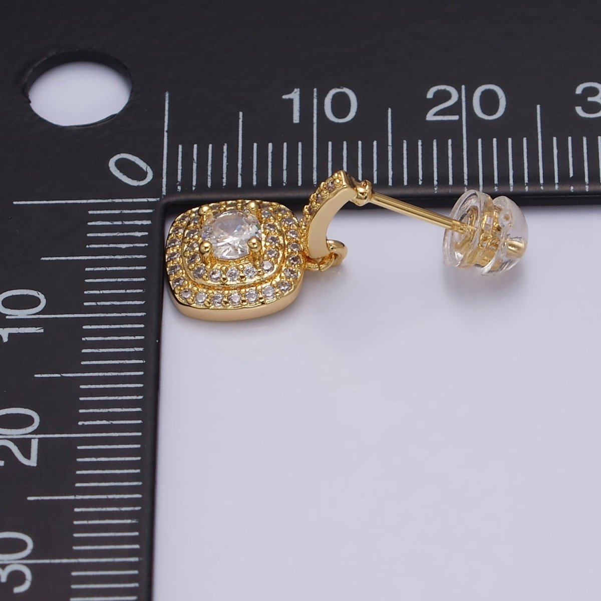 16K Gold plated Clear Square Micro Paved Round CZ Drop Linear Stud Earrings in Gold & Silver | AD-317 AD-318