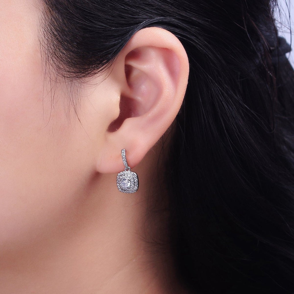 16K Gold plated Clear Square Micro Paved Round CZ Drop Linear Stud Earrings in Gold & Silver | AD-317 AD-318