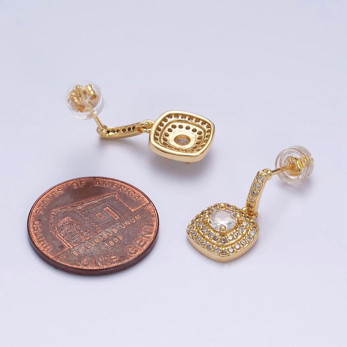 16K Gold plated Clear Square Micro Paved Round CZ Drop Linear Stud Earrings in Gold & Silver | AD-317 AD-318