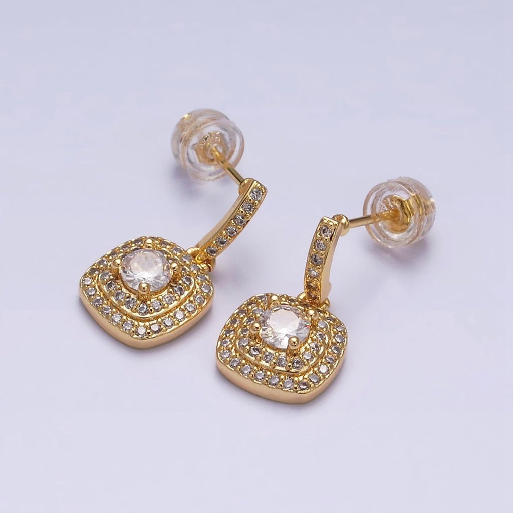 16K Gold plated Clear Square Micro Paved Round CZ Drop Linear Stud Earrings in Gold & Silver | AD-317 AD-318