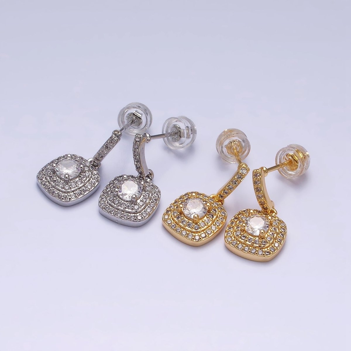 16K Gold plated Clear Square Micro Paved Round CZ Drop Linear Stud Earrings in Gold & Silver | AD-317 AD-318