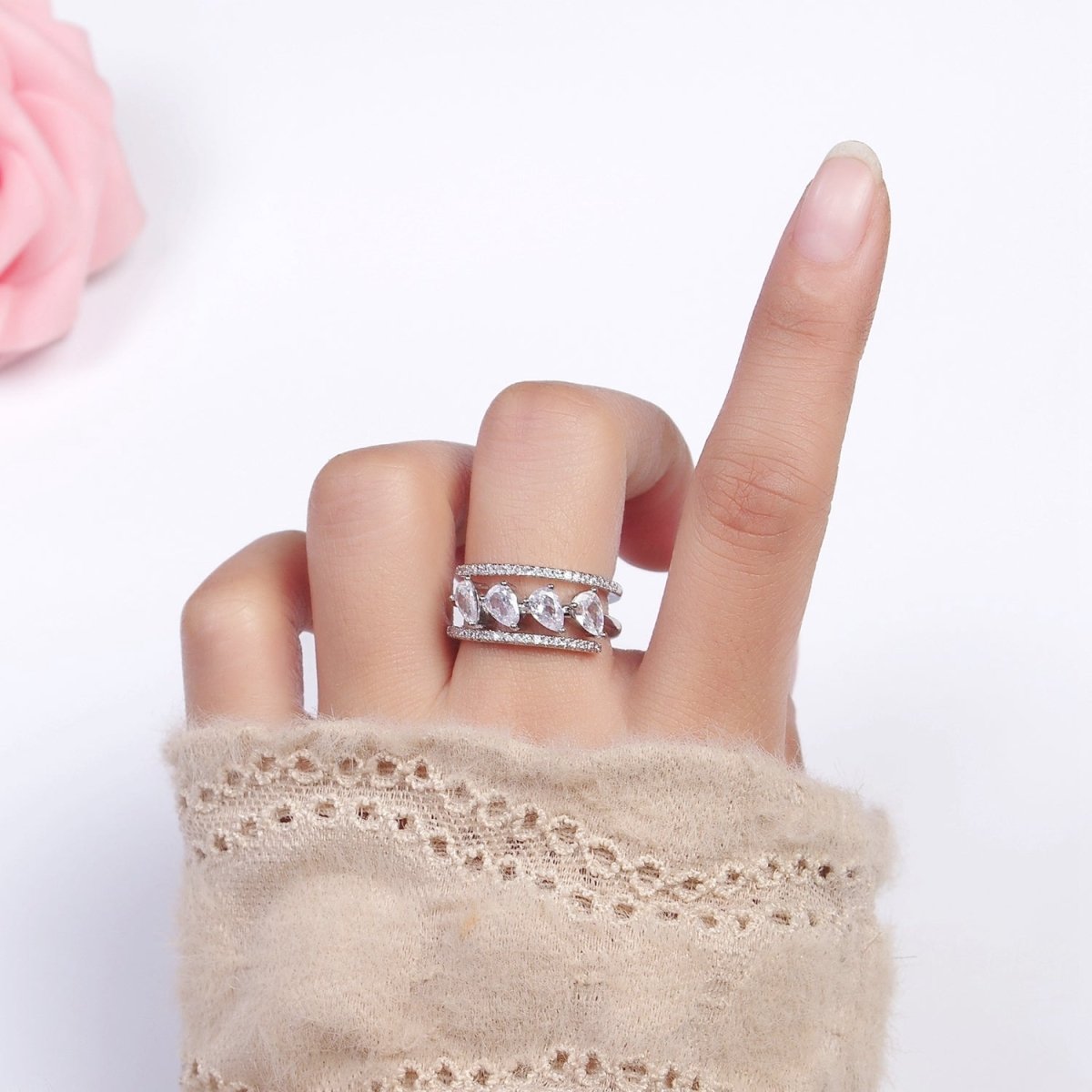 16K Gold plated Clear Teardrop CZ Micro Paved Triple Band Ring in Gold & Silver | O-1587 O-1588 - DLUXCA