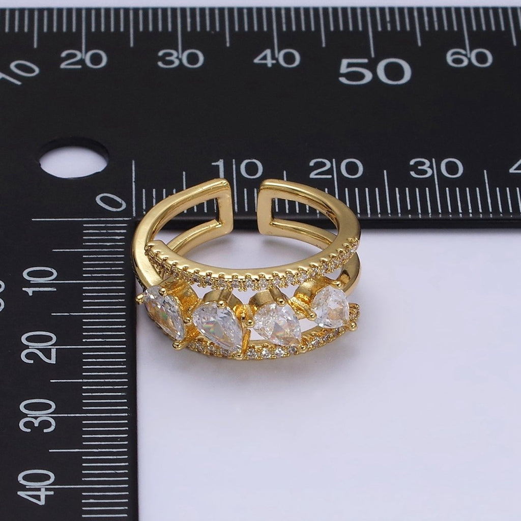 16K Gold plated Clear Teardrop CZ Micro Paved Triple Band Ring in Gold & Silver | O-1587 O-1588 - DLUXCA