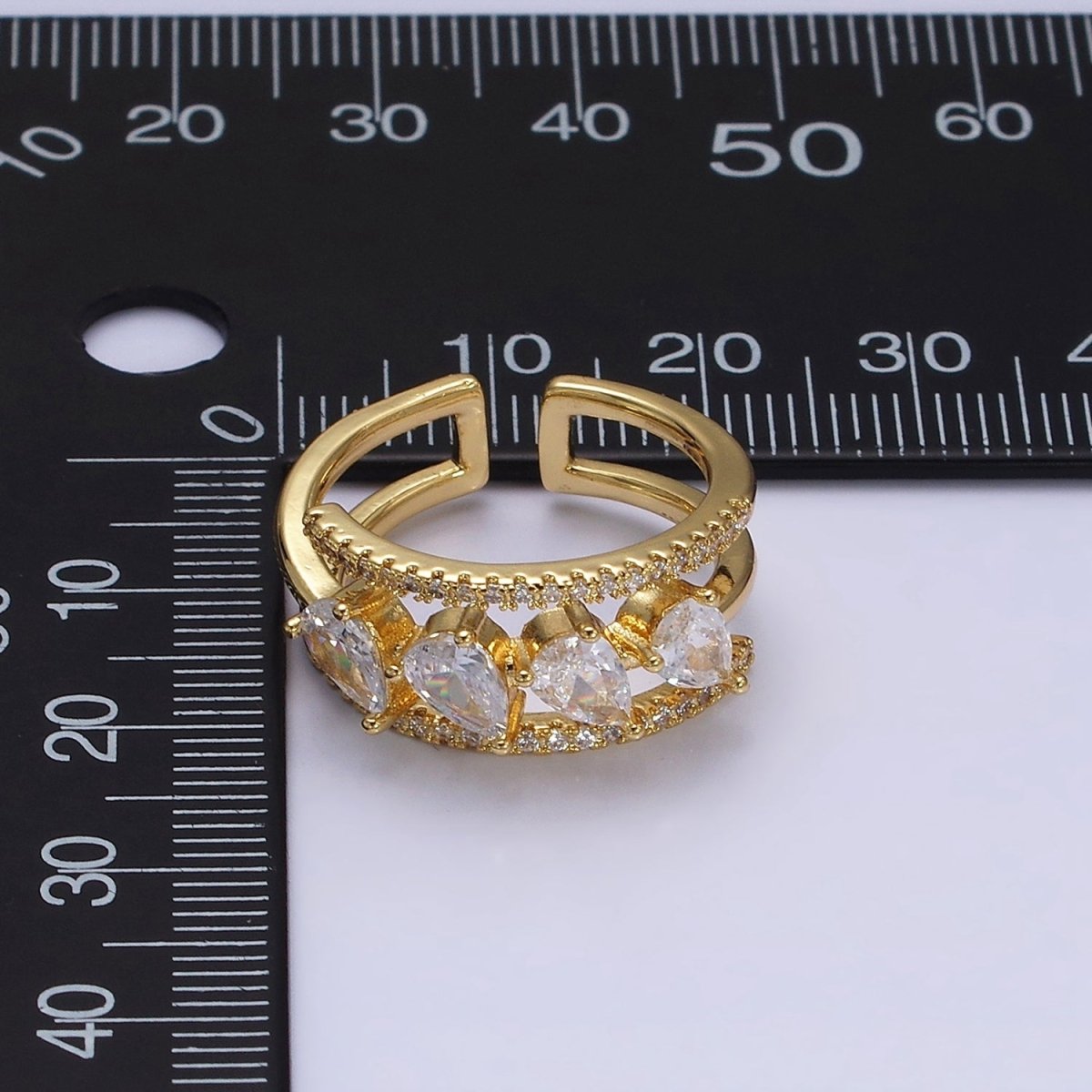 16K Gold plated Clear Teardrop CZ Micro Paved Triple Band Ring in Gold & Silver | O-1587 O-1588 - DLUXCA