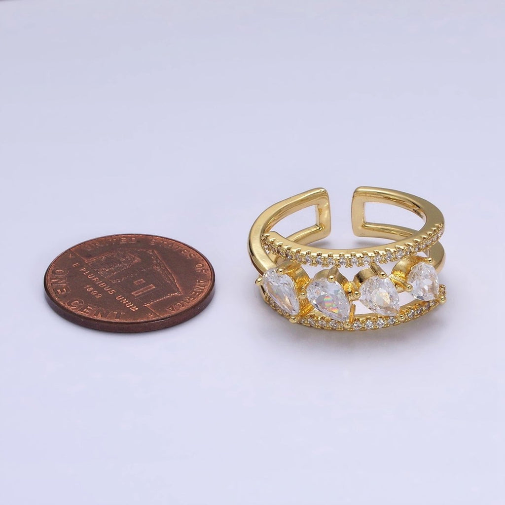 16K Gold plated Clear Teardrop CZ Micro Paved Triple Band Ring in Gold & Silver | O-1587 O-1588 - DLUXCA