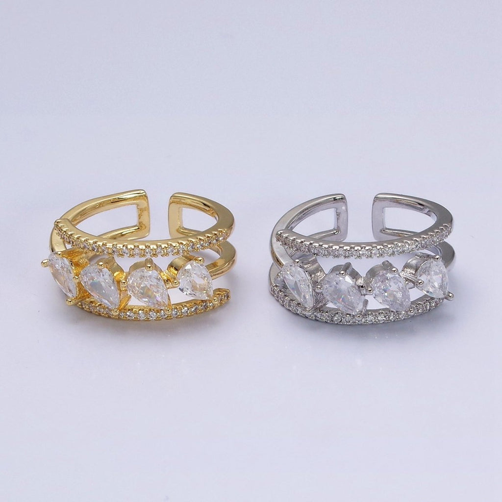16K Gold plated Clear Teardrop CZ Micro Paved Triple Band Ring in Gold & Silver | O-1587 O-1588 - DLUXCA