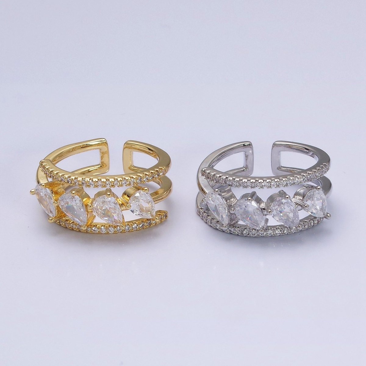 16K Gold plated Clear Teardrop CZ Micro Paved Triple Band Ring in Gold & Silver | O-1587 O-1588 - DLUXCA