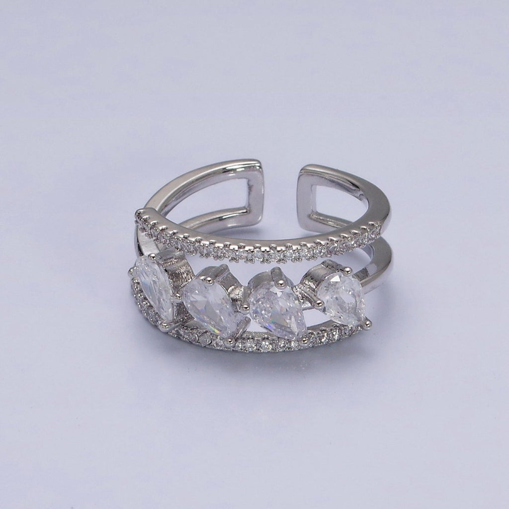 16K Gold plated Clear Teardrop CZ Micro Paved Triple Band Ring in Gold & Silver | O-1587 O-1588 - DLUXCA