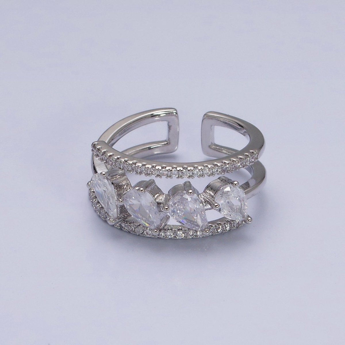 16K Gold plated Clear Teardrop CZ Micro Paved Triple Band Ring in Gold & Silver | O-1587 O-1588 - DLUXCA