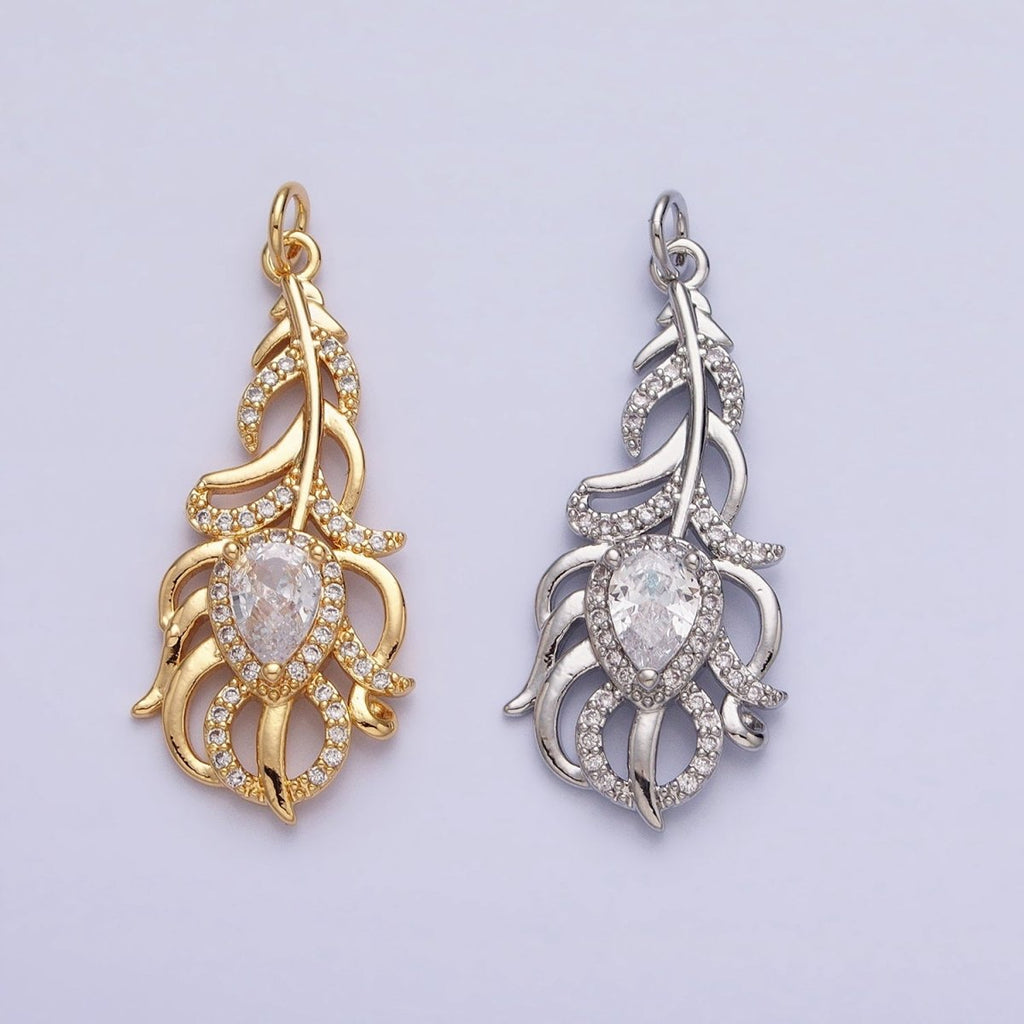 16K Gold plated Clear Teardrop Micro Paved CZ Nature Compound Leaf Add-On Charm in Gold & Silver | AC966 AC967
