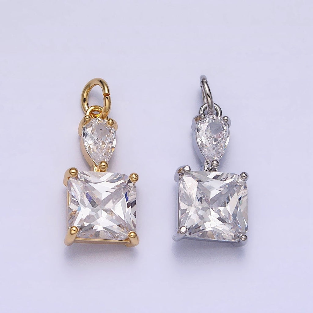 16K Gold plated Clear Teardrop Square Double CZ Add-On Charm in Gold & Silver | AC1243 AC1244 - DLUXCA