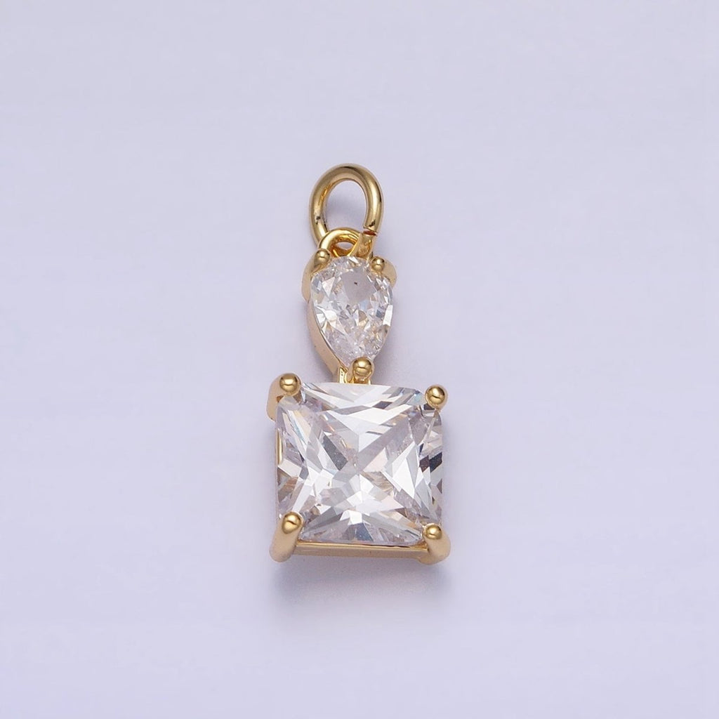 16K Gold plated Clear Teardrop Square Double CZ Add-On Charm in Gold & Silver | AC1243 AC1244 - DLUXCA