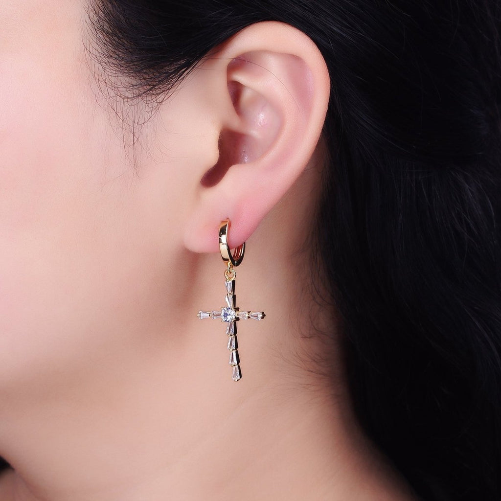 16K Gold plated Clear Triangle Baguette Lined Religious Cross Drop Huggie Earrings in Silver & Gold | AD-456 AD-1233