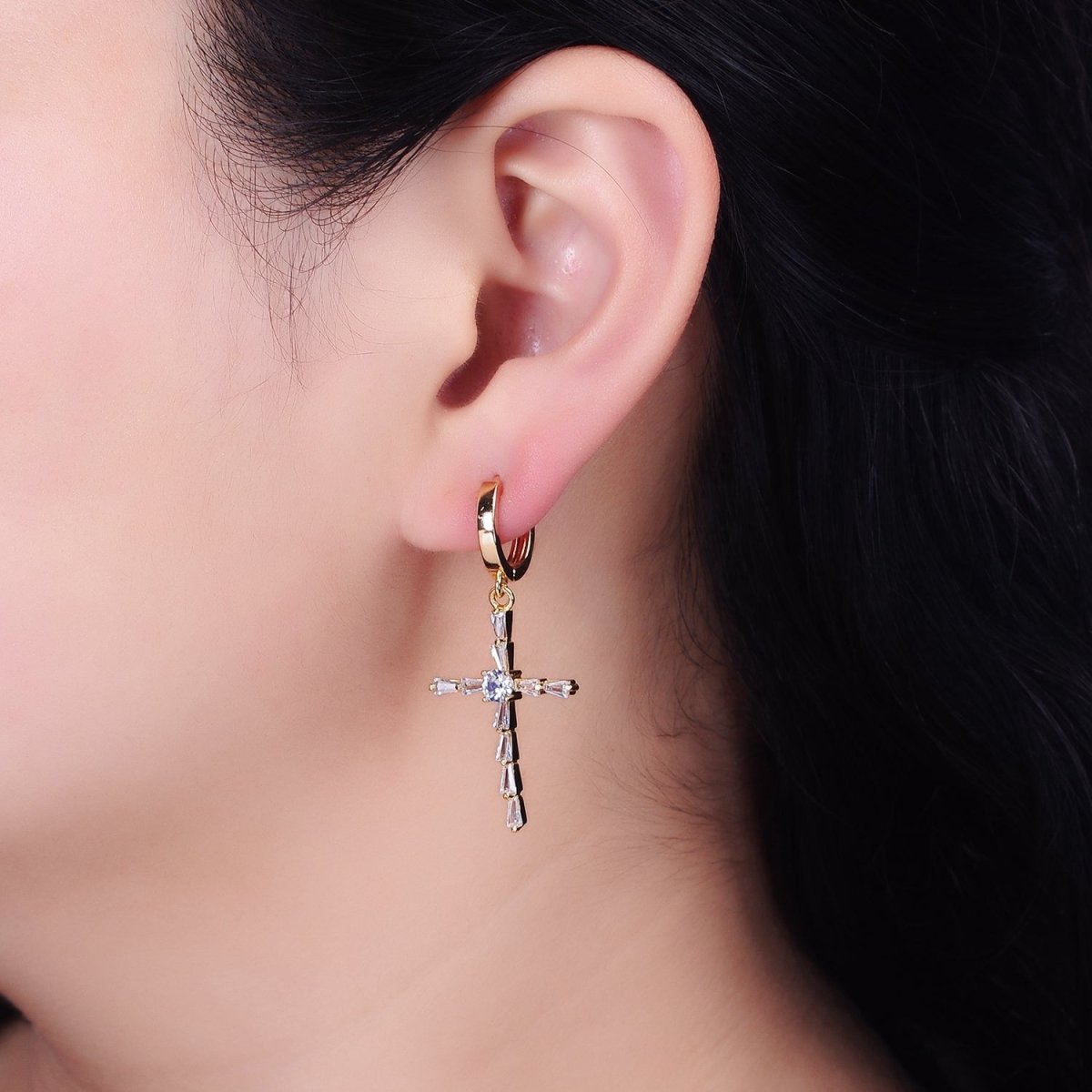 16K Gold plated Clear Triangle Baguette Lined Religious Cross Drop Huggie Earrings in Silver & Gold | AD-456 AD-1233