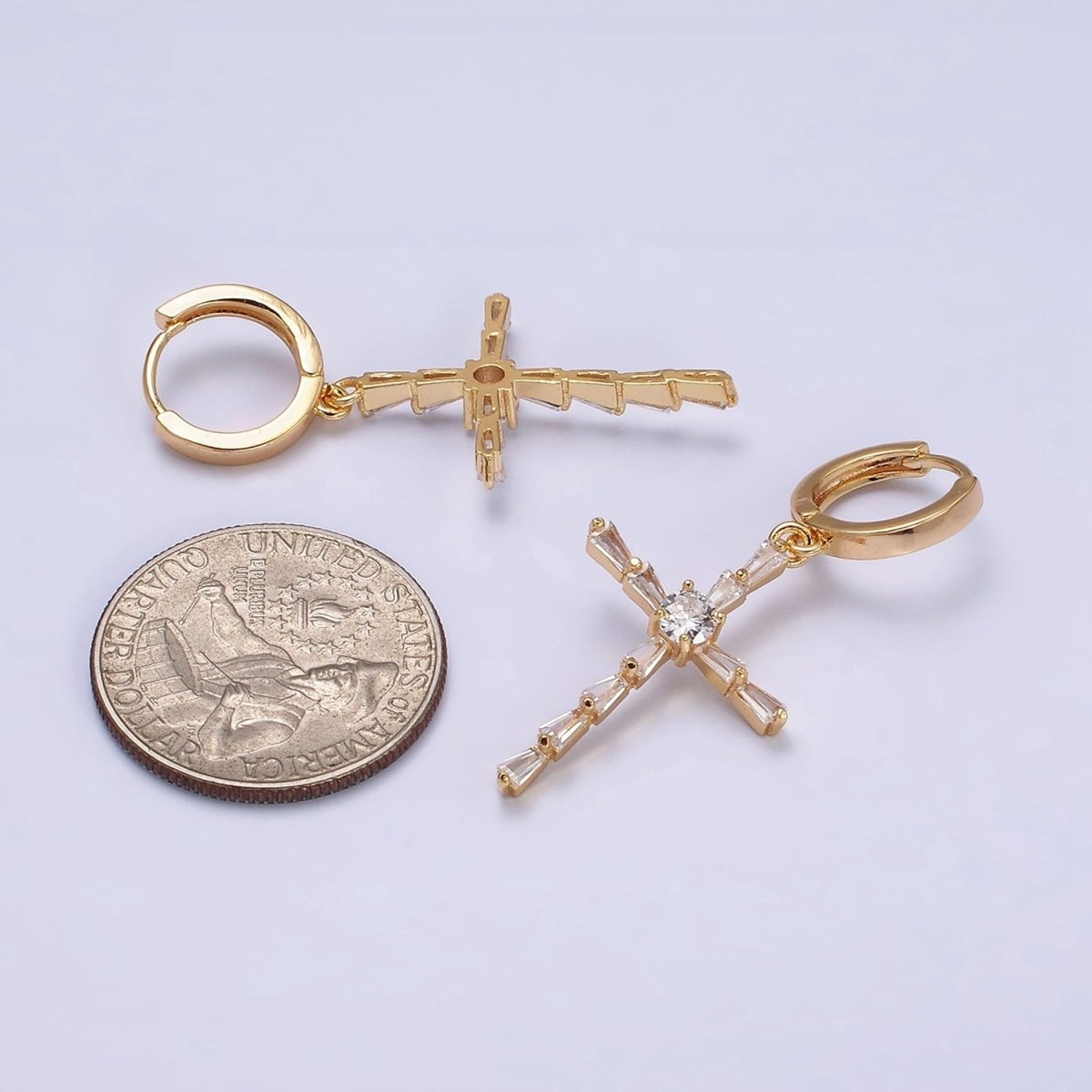 16K Gold plated Clear Triangle Baguette Lined Religious Cross Drop Huggie Earrings in Silver & Gold | AD-456 AD-1233