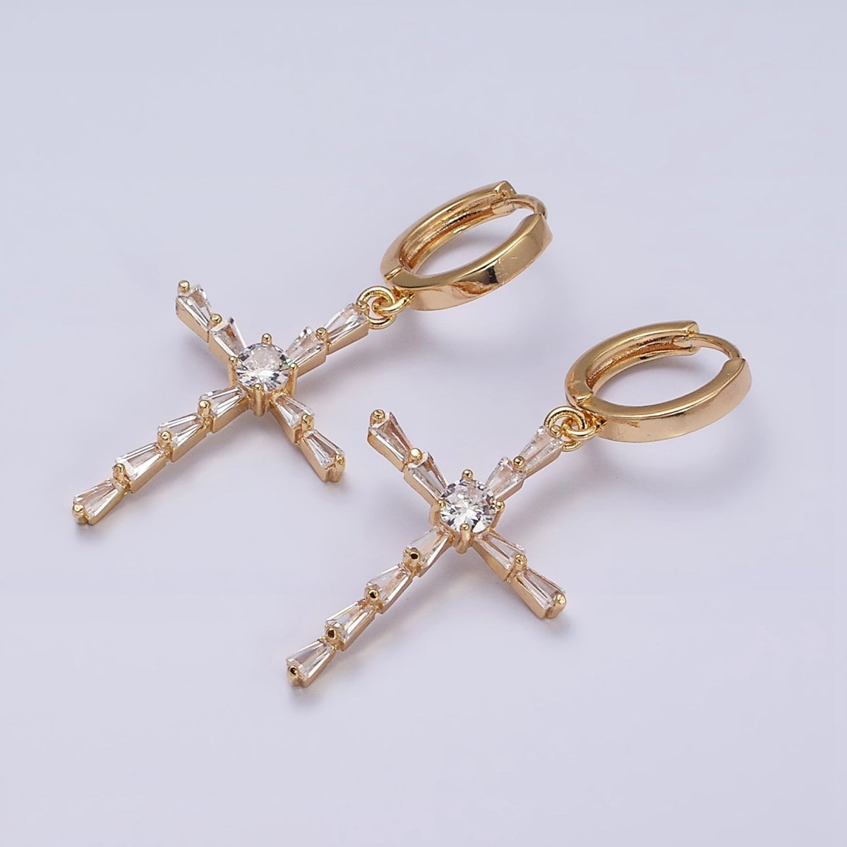 16K Gold plated Clear Triangle Baguette Lined Religious Cross Drop Huggie Earrings in Silver & Gold | AD-456 AD-1233