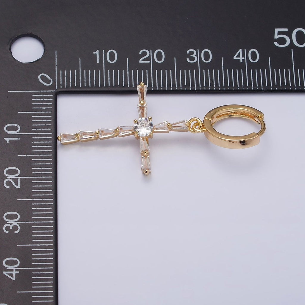 16K Gold plated Clear Triangle Baguette Lined Religious Cross Drop Huggie Earrings in Silver & Gold | AD-456 AD-1233