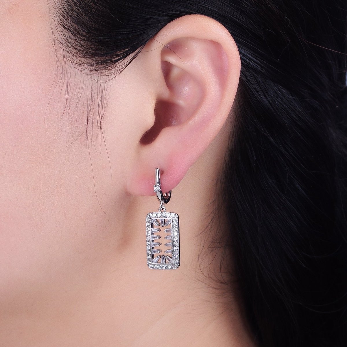 16K Gold plated Clear Triangle Baguette Open Micro Paved Tag Drop English Lock Earrings in Silver & Gold | AB1504 AD1017