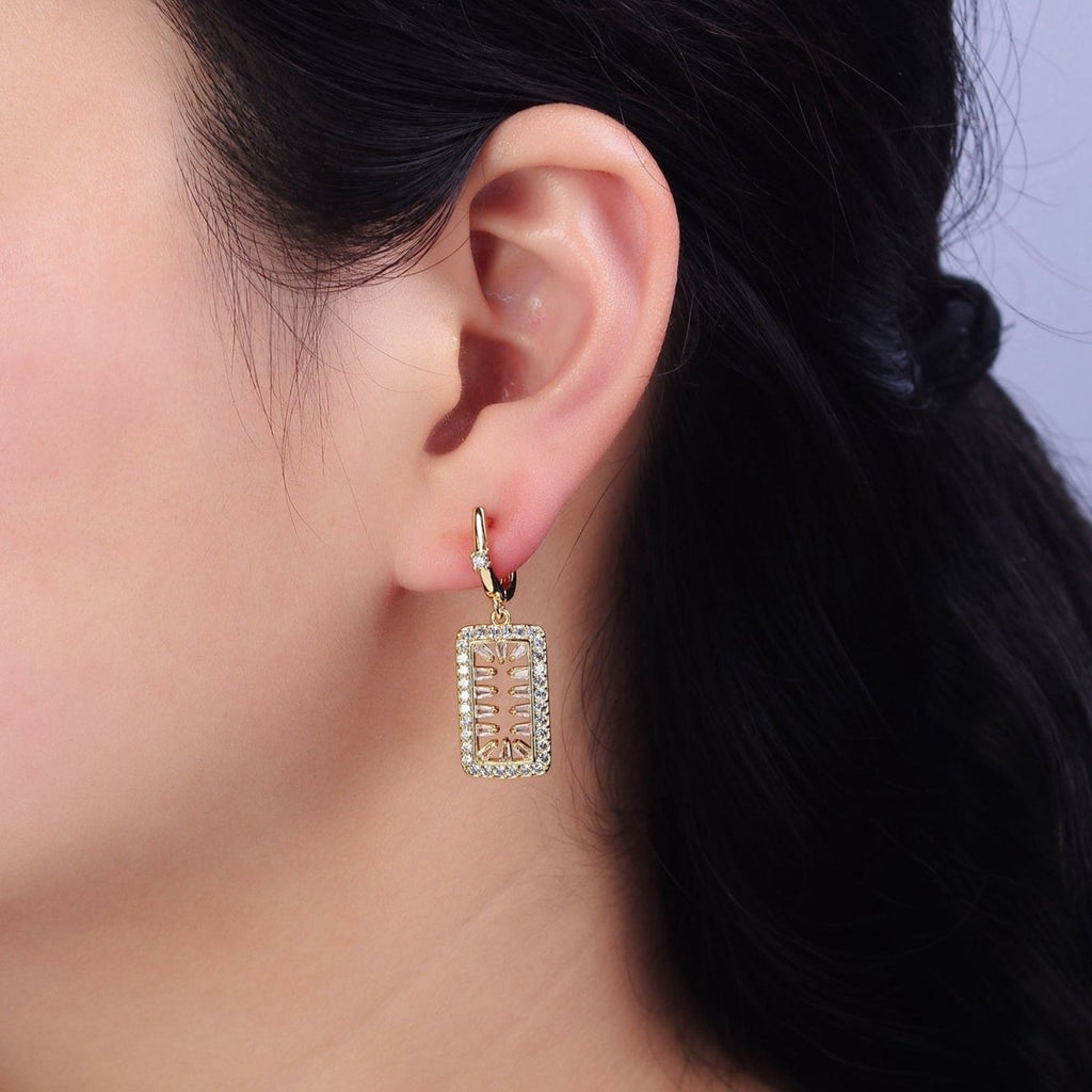 16K Gold plated Clear Triangle Baguette Open Micro Paved Tag Drop English Lock Earrings in Silver & Gold | AB1504 AD1017