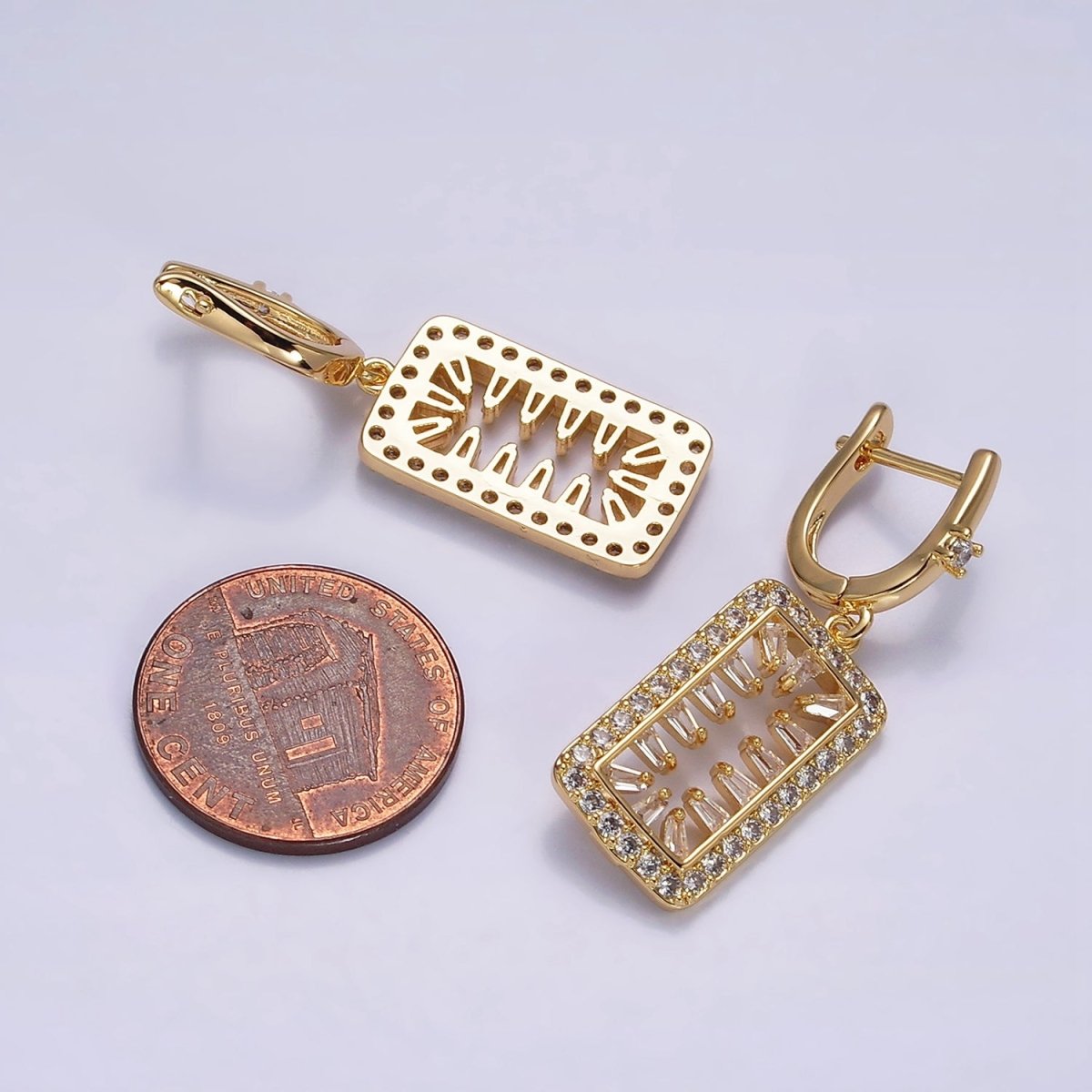 16K Gold plated Clear Triangle Baguette Open Micro Paved Tag Drop English Lock Earrings in Silver & Gold | AB1504 AD1017