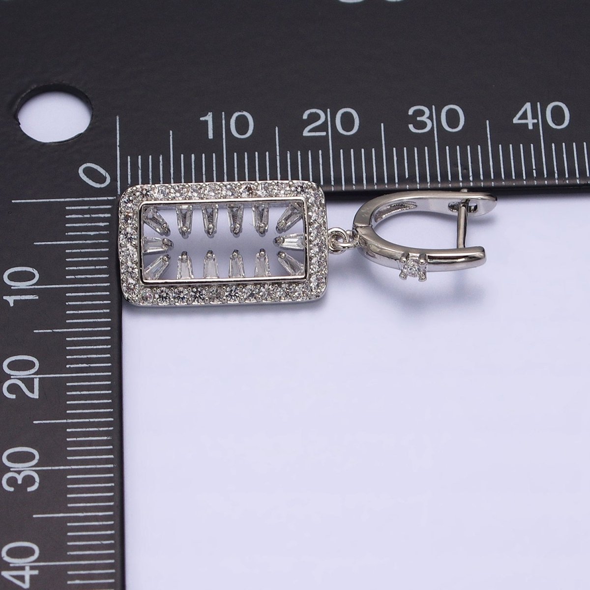 16K Gold plated Clear Triangle Baguette Open Micro Paved Tag Drop English Lock Earrings in Silver & Gold | AB1504 AD1017