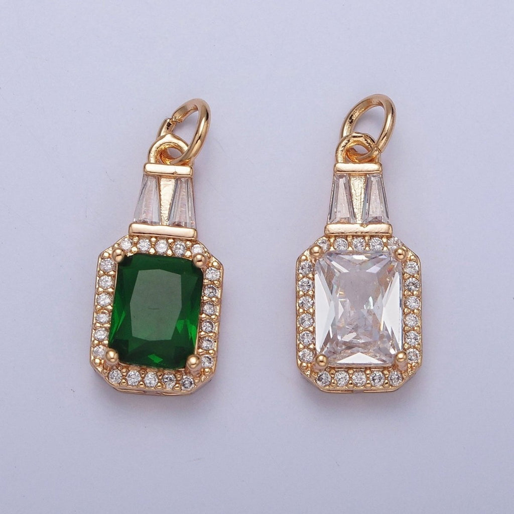 16K Gold plated Clear/Green Micro Paved Baguette Cubic Zirconia Charm For Jewelry Making | X-254 X-255