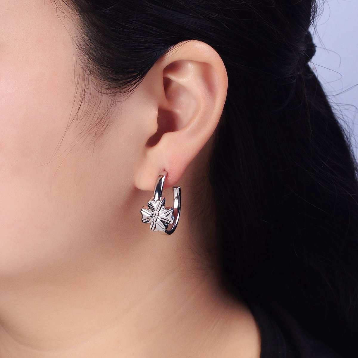 16K Gold plated Clover Quatrefoil 30mm C-Shaped Hoop Earrings in Gold & Silver | AB473 AB474