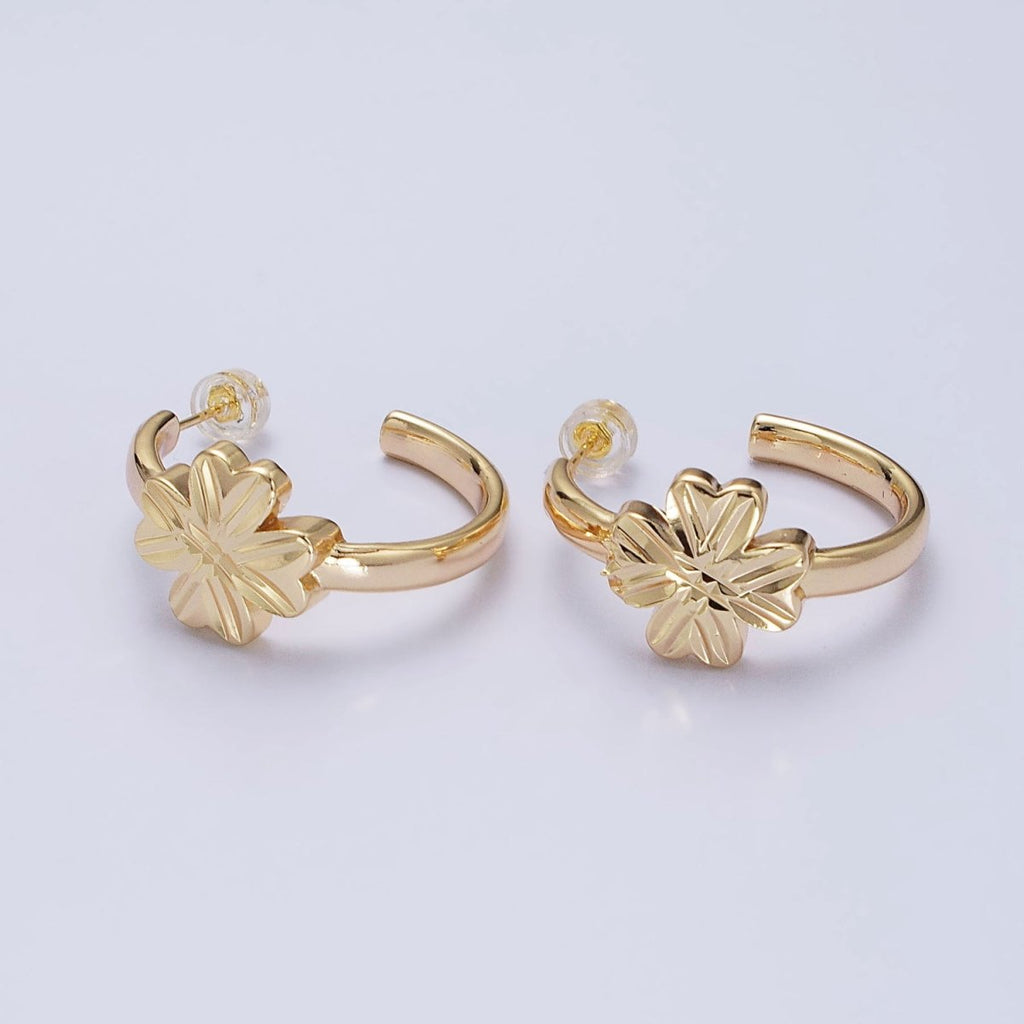 16K Gold plated Clover Quatrefoil 30mm C-Shaped Hoop Earrings in Gold & Silver | AB473 AB474