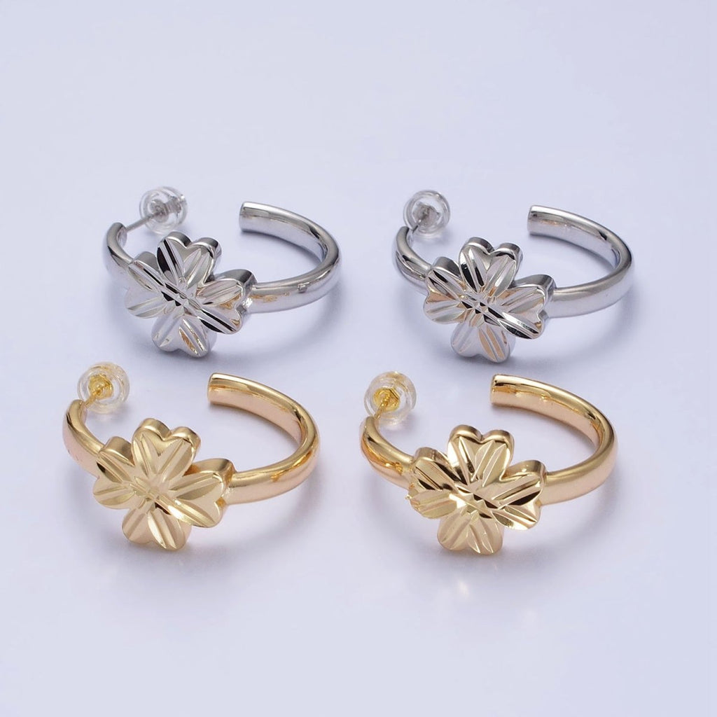 16K Gold plated Clover Quatrefoil 30mm C-Shaped Hoop Earrings in Gold & Silver | AB473 AB474