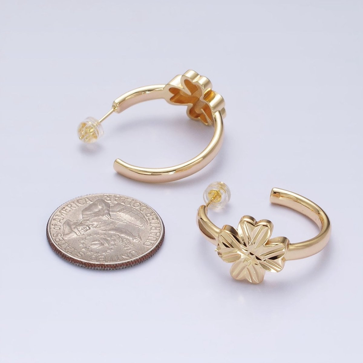 16K Gold plated Clover Quatrefoil 30mm C-Shaped Hoop Earrings in Gold & Silver | AB473 AB474