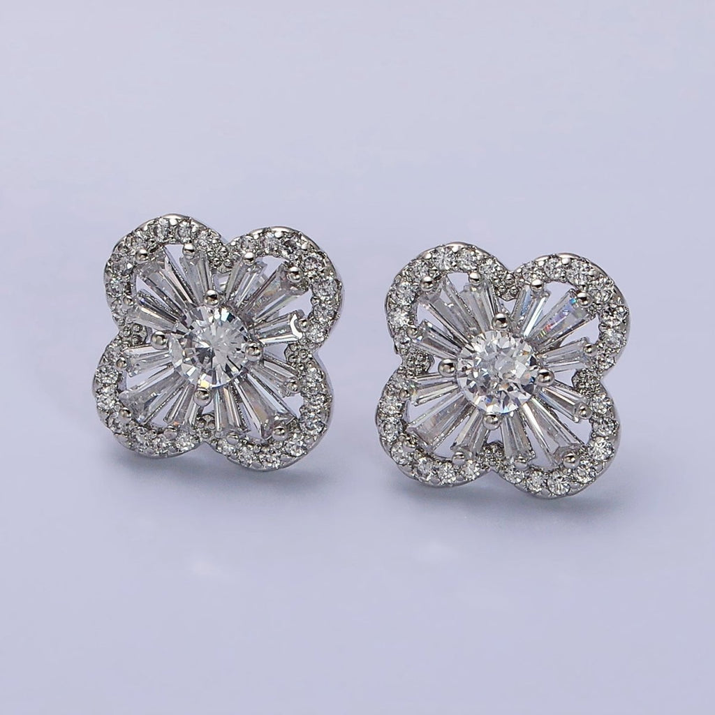 16K Gold plated Clover Quatrefoil Baguette Micro Paved CZ Stud Earrings in Gold & Silver | AD1181 AD1182 - DLUXCA