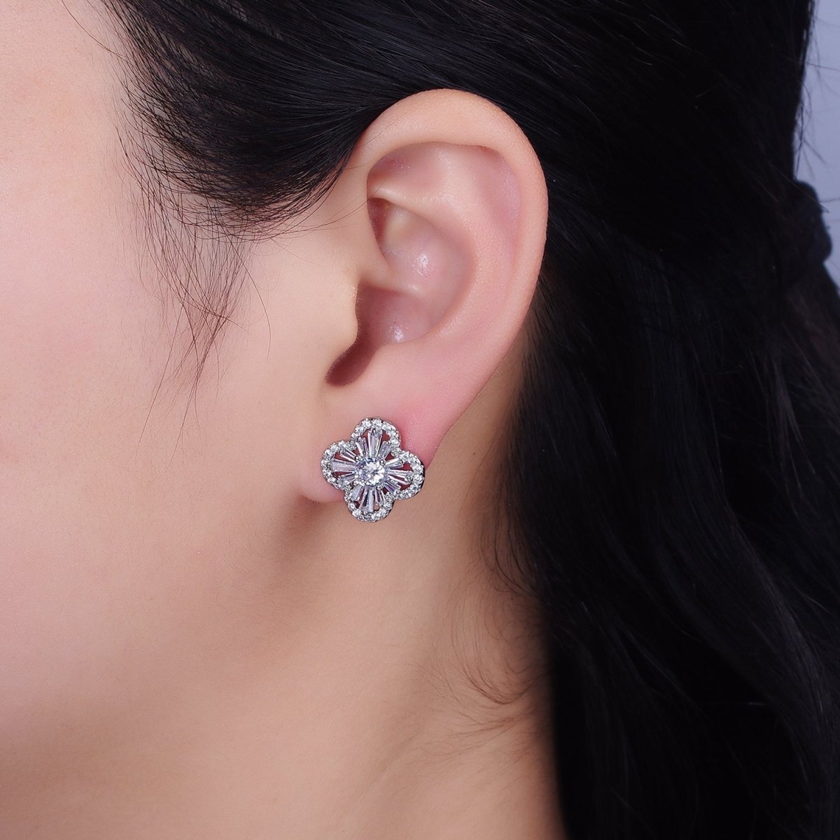 16K Gold plated Clover Quatrefoil Baguette Micro Paved CZ Stud Earrings in Gold & Silver | AD1181 AD1182 - DLUXCA