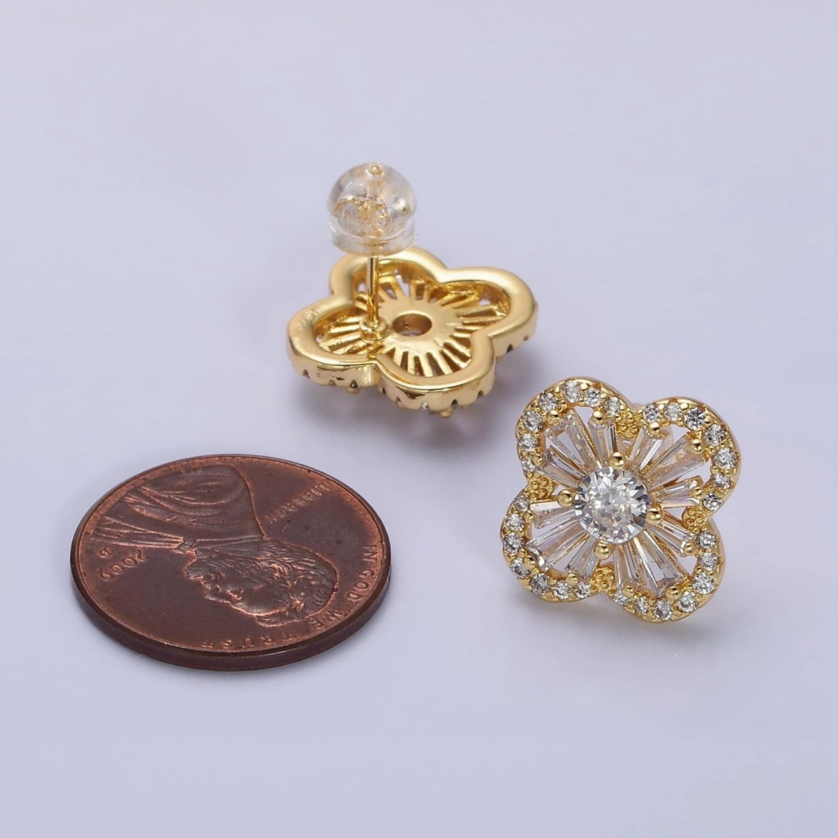 16K Gold plated Clover Quatrefoil Baguette Micro Paved CZ Stud Earrings in Gold & Silver | AD1181 AD1182 - DLUXCA
