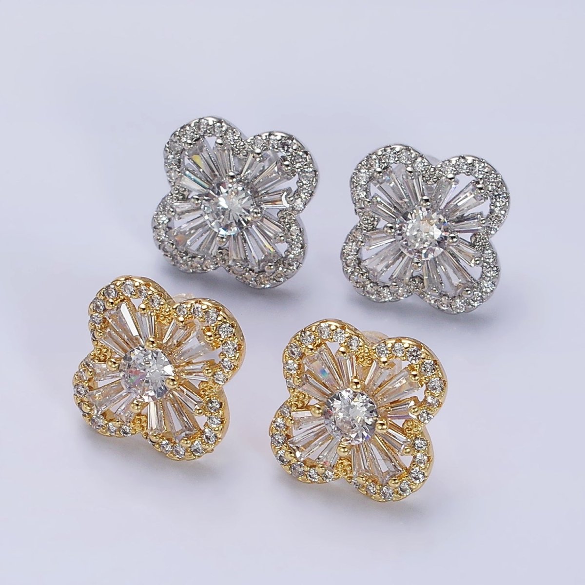 16K Gold plated Clover Quatrefoil Baguette Micro Paved CZ Stud Earrings in Gold & Silver | AD1181 AD1182 - DLUXCA