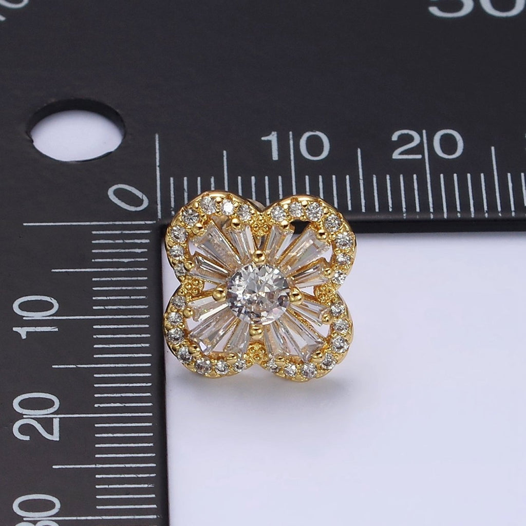 16K Gold plated Clover Quatrefoil Baguette Micro Paved CZ Stud Earrings in Gold & Silver | AD1181 AD1182 - DLUXCA
