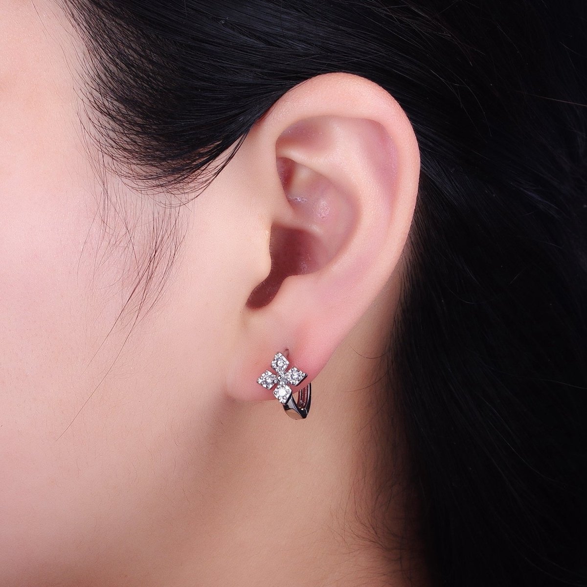 16K Gold plated Cross Geometric CZ Huggie Earrings in Gold & Silver | AB1447 AB1448