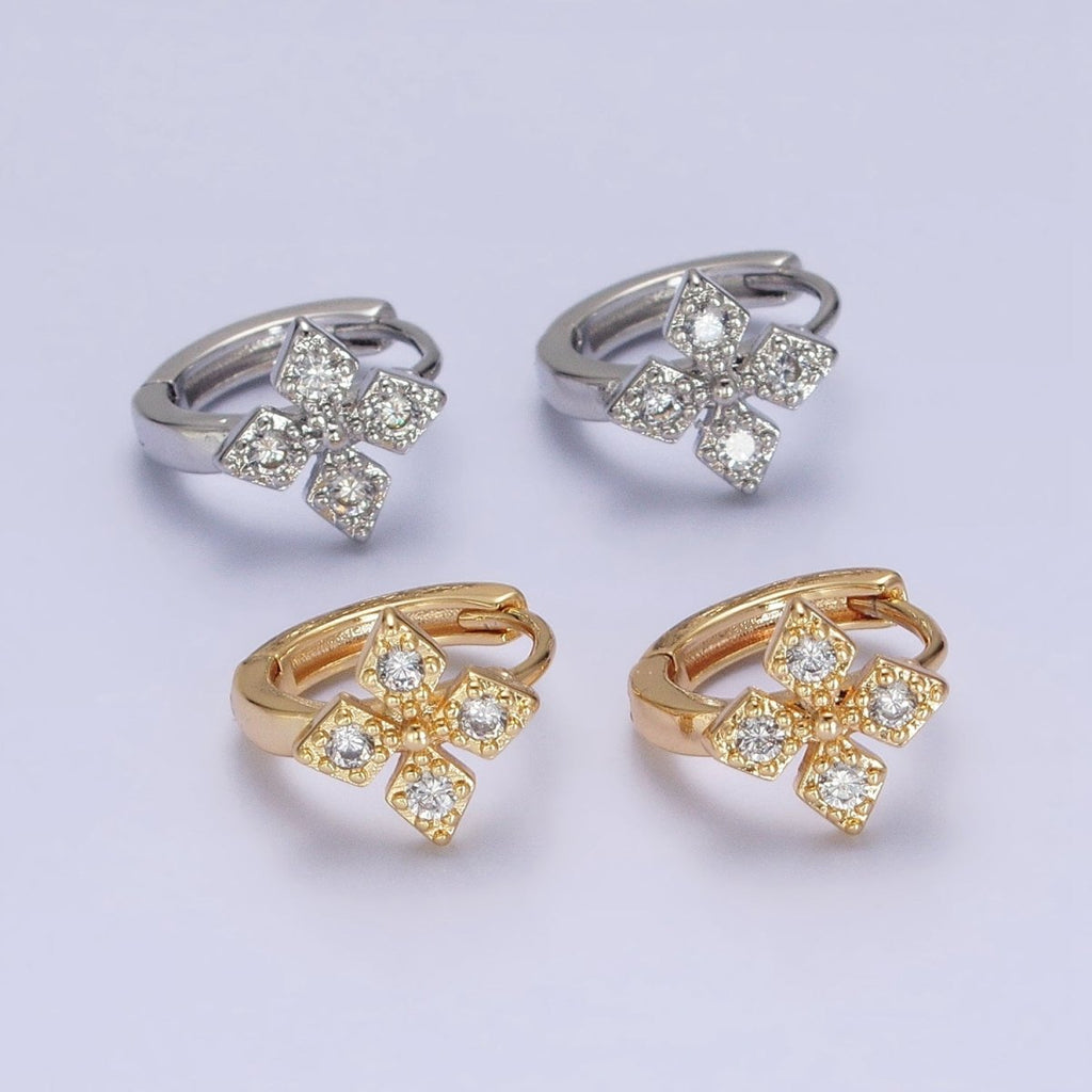 16K Gold plated Cross Geometric CZ Huggie Earrings in Gold & Silver | AB1447 AB1448