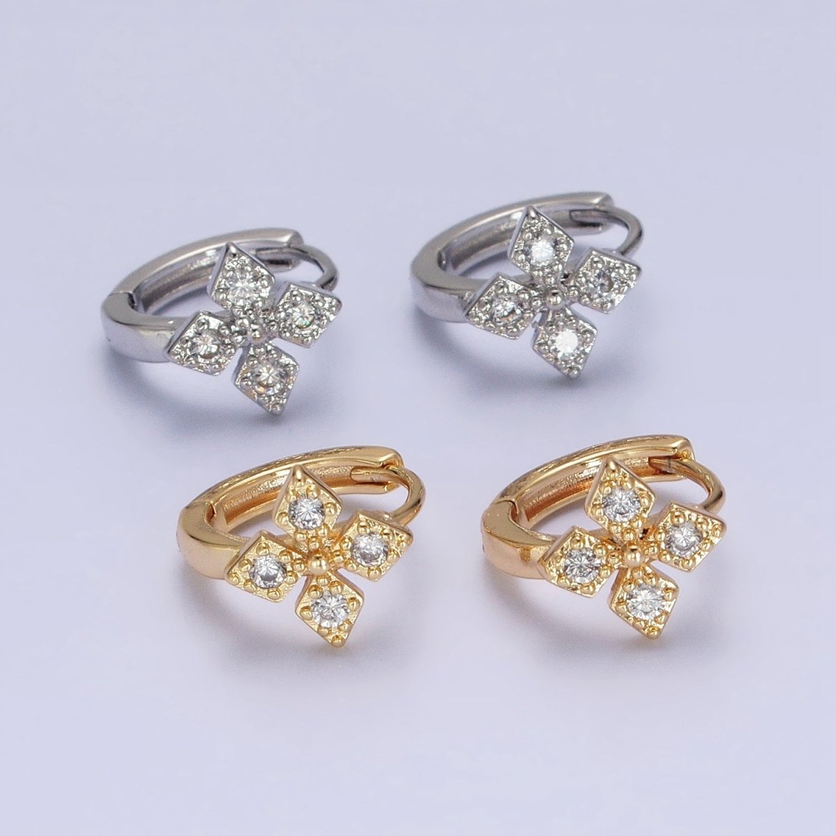 16K Gold plated Cross Geometric CZ Huggie Earrings in Gold & Silver | AB1447 AB1448