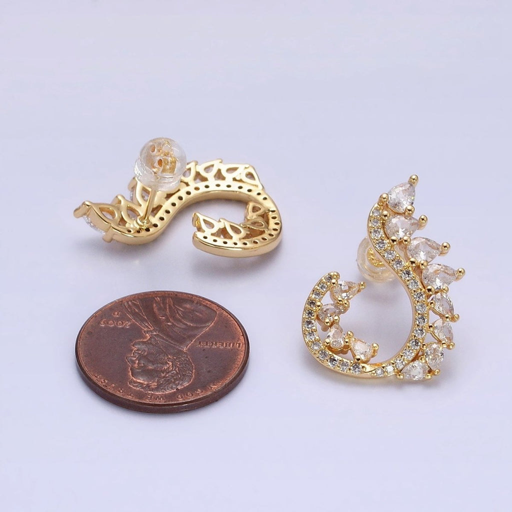 16K Gold plated Curved Marquise Micro Paved CZ Stud Earrings Set in Gold & Silver | AB1484 AB1485
